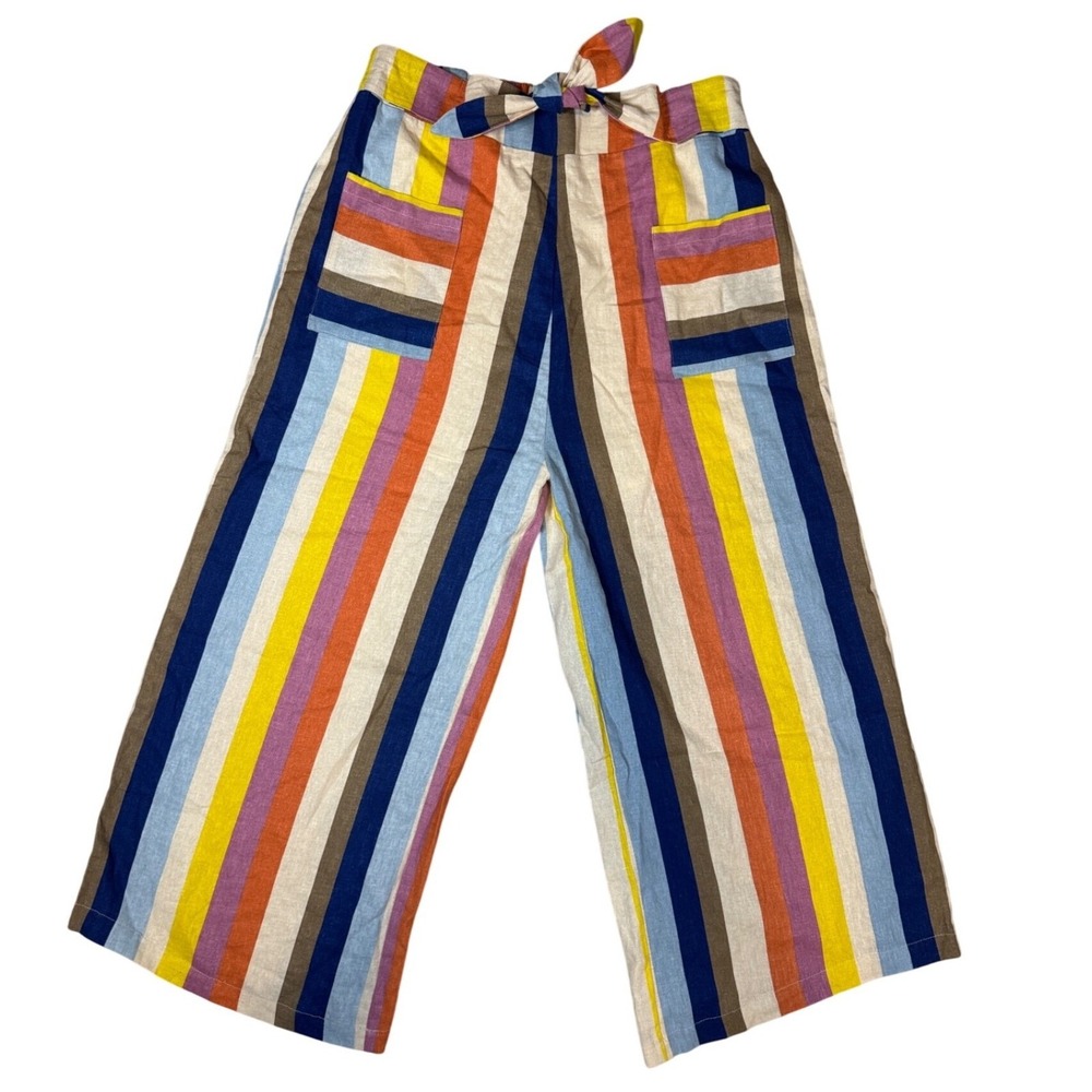 Sage & Citrus Multicolor Stripe Tie Waist Wide Leg Pants Size M Boho Linen Blend